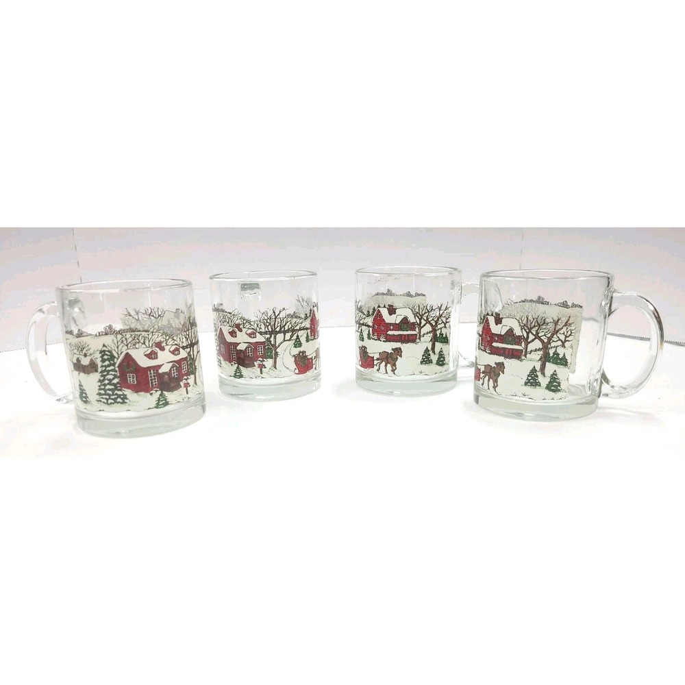 4 CURRIER & IVES Winter Scene Christmas Coffee Mugs Heavy Glass Made in USA